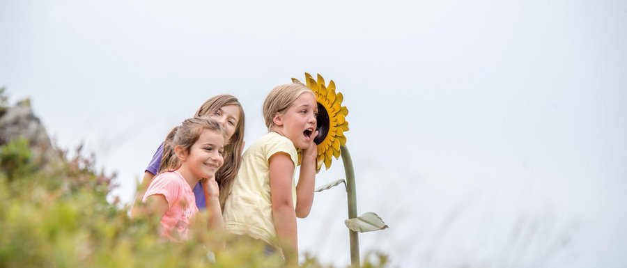 Benvenuti nell’Area Vacanze Sci e Malghe Rio Pusteria! L'immagine mostra tre bambini sorridenti che si appoggiano a un grande girasole giallo. Il girasole sembra essere parte di un'installazione o di un parco giochi, e i bambini sembrano divertirsi mentre interagiscono con esso.