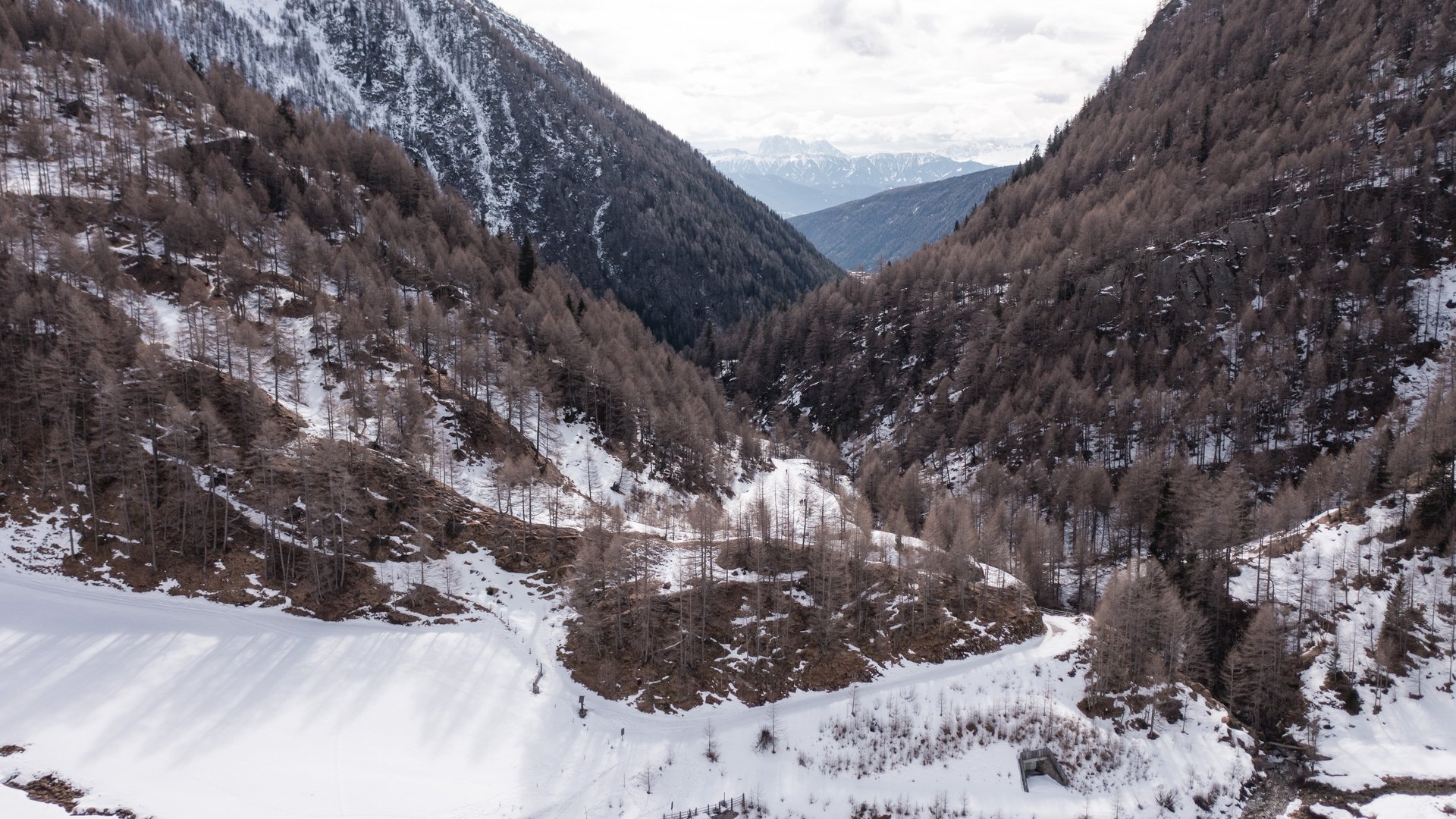 Malga Fane, il più bel villaggio alpino dell’Alto Adige L'immagine mostra una valle innevata circondata da pendii montani coperti di boschi. Gli alberi sono spogli e sullo sfondo si estendono cime innevate visibili in lontananza.