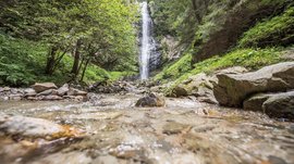 Il Sentiero degli Elfi a Vandoies di Sopra L'immagine mostra una pittoresca cascata nel mezzo di una fitta foresta. In primo piano un ruscello limpido scorre sulle pietre, mentre la cascata sullo sfondo precipita in profondità, circondata da una vegetazione rigogliosa.