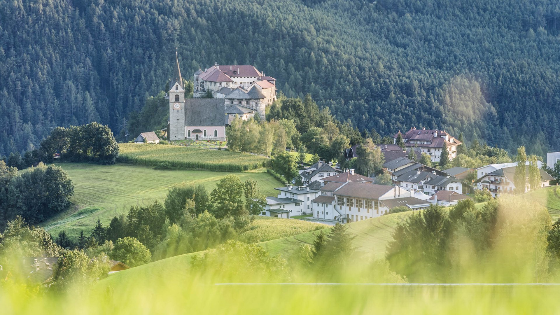 Il paradiso escursionistico di Rodengo L'immagine mostra una chiesa e un edificio su una collina, circondati da prati verdi e foreste dense. In primo piano si vede dell'erba sfocata.