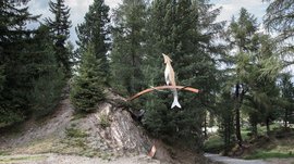 Il Sentiero della Creazione a Rodengo L'immagine mostra un'installazione artistica in una zona boschiva. La scultura è composta da un pesce astratto e un uccello che si bilanciano su un arco di metallo curvo.