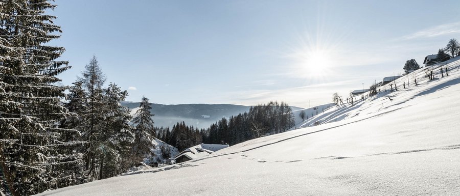 Benvenuti nell’Area Vacanze Sci e Malghe Rio Pusteria! Paesaggio invernale innevato con alberi e case sotto il sole