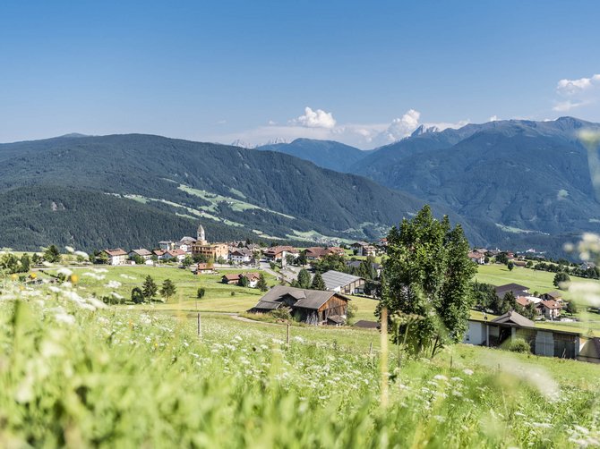 Il paradiso escursionistico di Rodengo L'immagine mostra un pittoresco villaggio immerso in un paesaggio verde e collinare con prati e case sparse. Sullo sfondo si vedono montagne boschive e un cielo azzurro chiaro, mentre in primo piano crescono fiori selvatici e erbe. Una chiesa con una torre appuntita si trova in modo prominente al centro del villaggio.