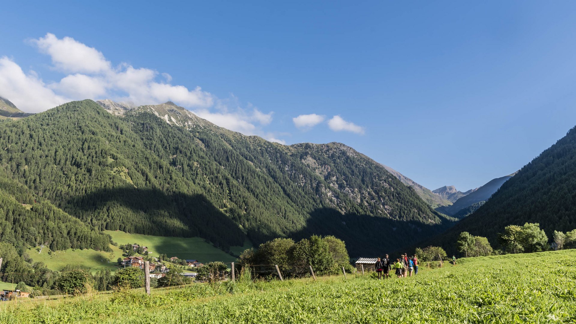 Valles & il villaggio alpino più bello dell’Alto Adige L'immagine mostra un prato verde che si estende in una valle, circondata da montagne densamente boschive sotto un cielo azzurro e limpido. Sul prato si vedono diversi escursionisti che camminano verso la valle.